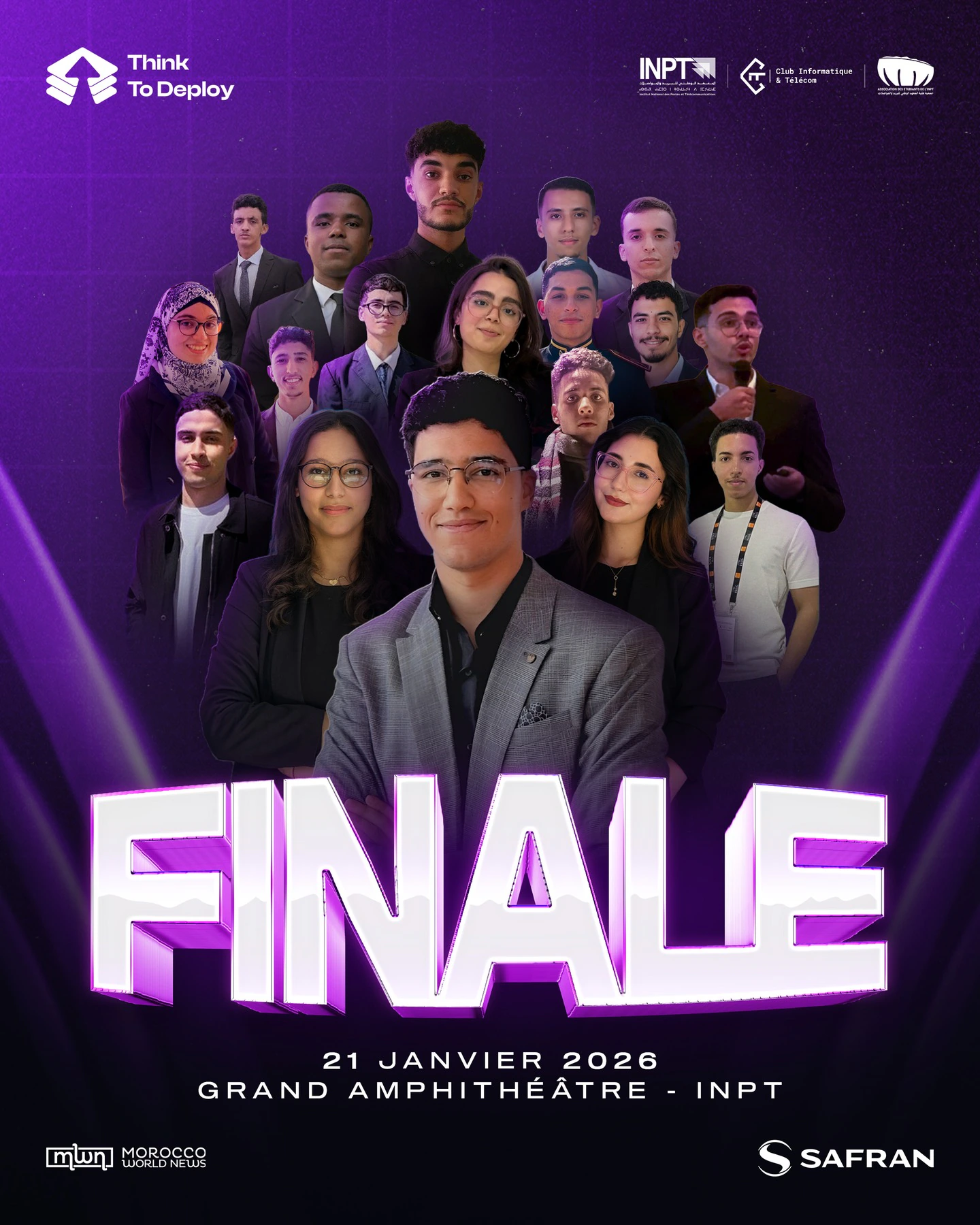 Think to Deploy finale poster dated 21 January 2026: a group portrait montage on violet with a large dimensional Finale headline.