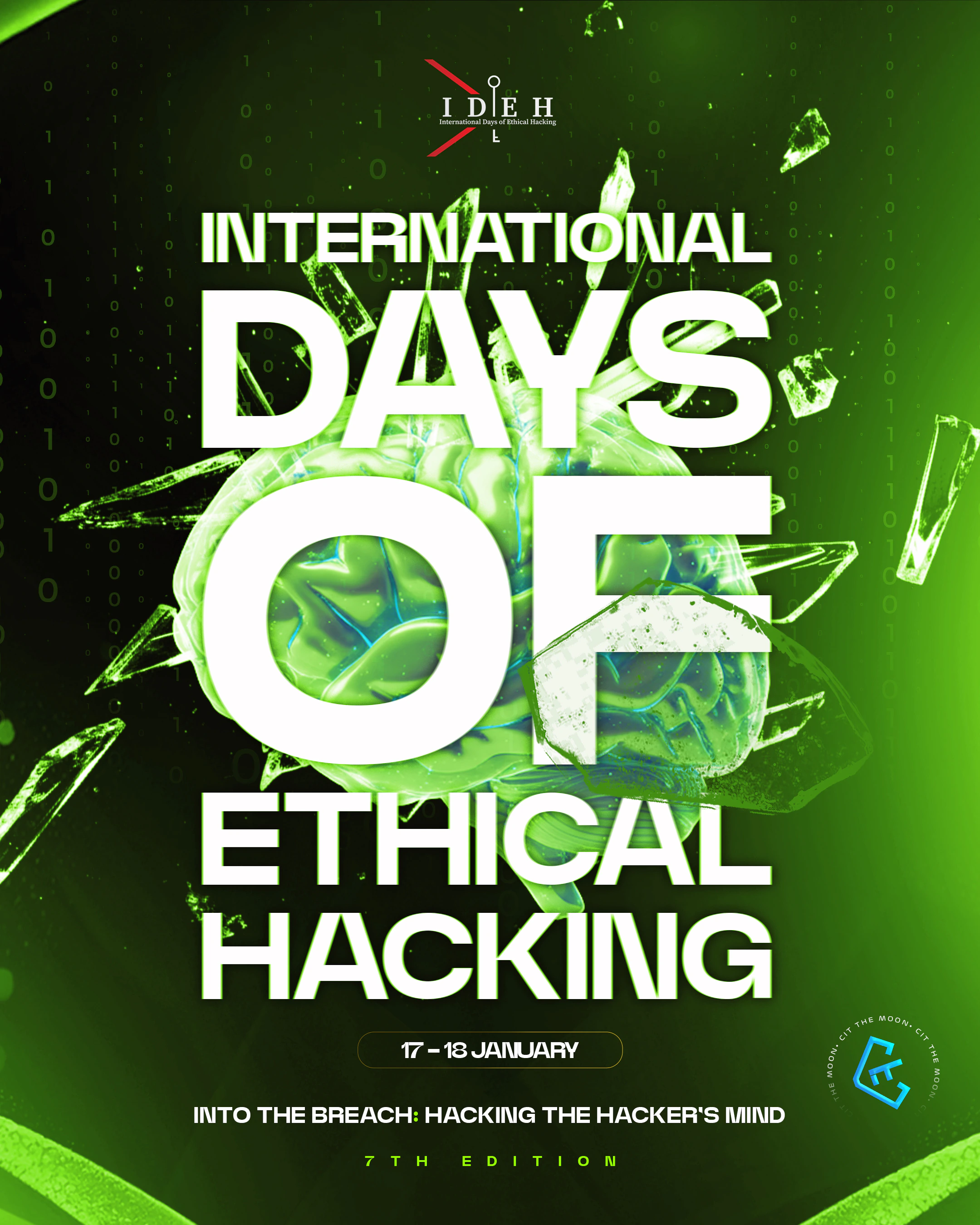 Green International Days of Ethical Hacking poster with bold white typography, a fragmented brain and event information.