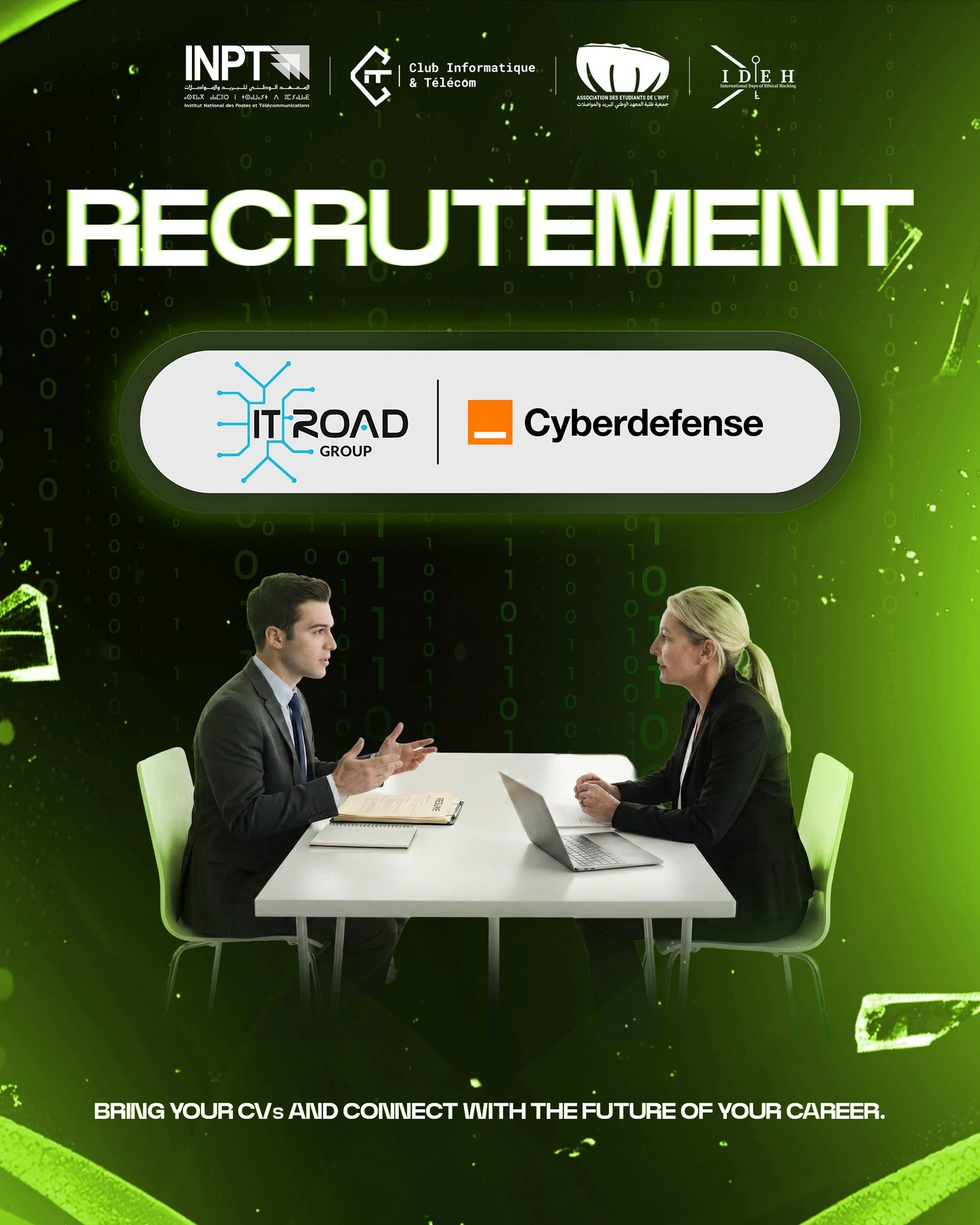Recruitment headline and ITROAD Group and Cyberdefense marks sit above two people in an interview, on the green IDEH campaign field.