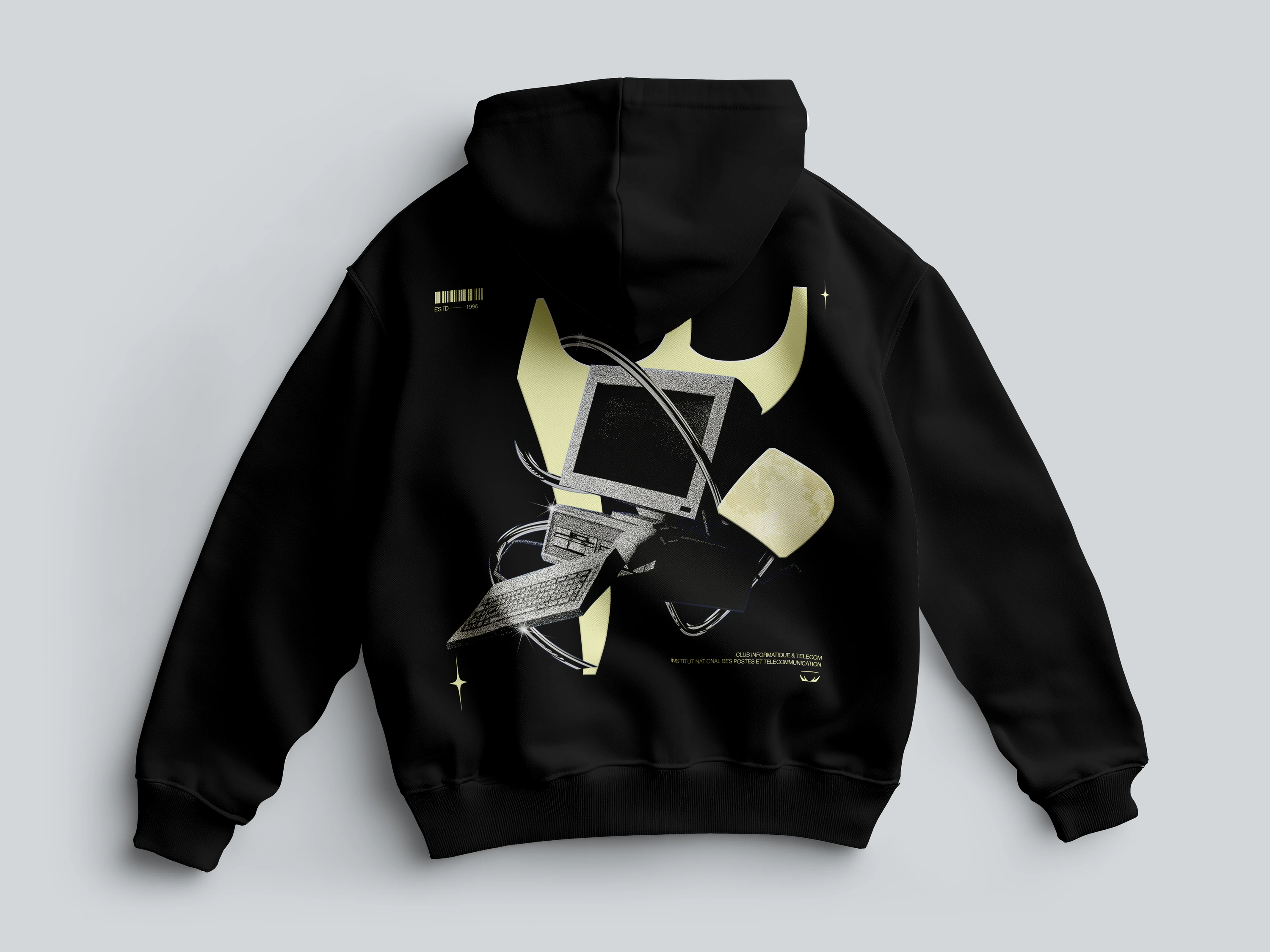 Black CIT hoodie mockup with a retro computer illustration, orbiting metallic lines and pale yellow graphic shapes across the back.