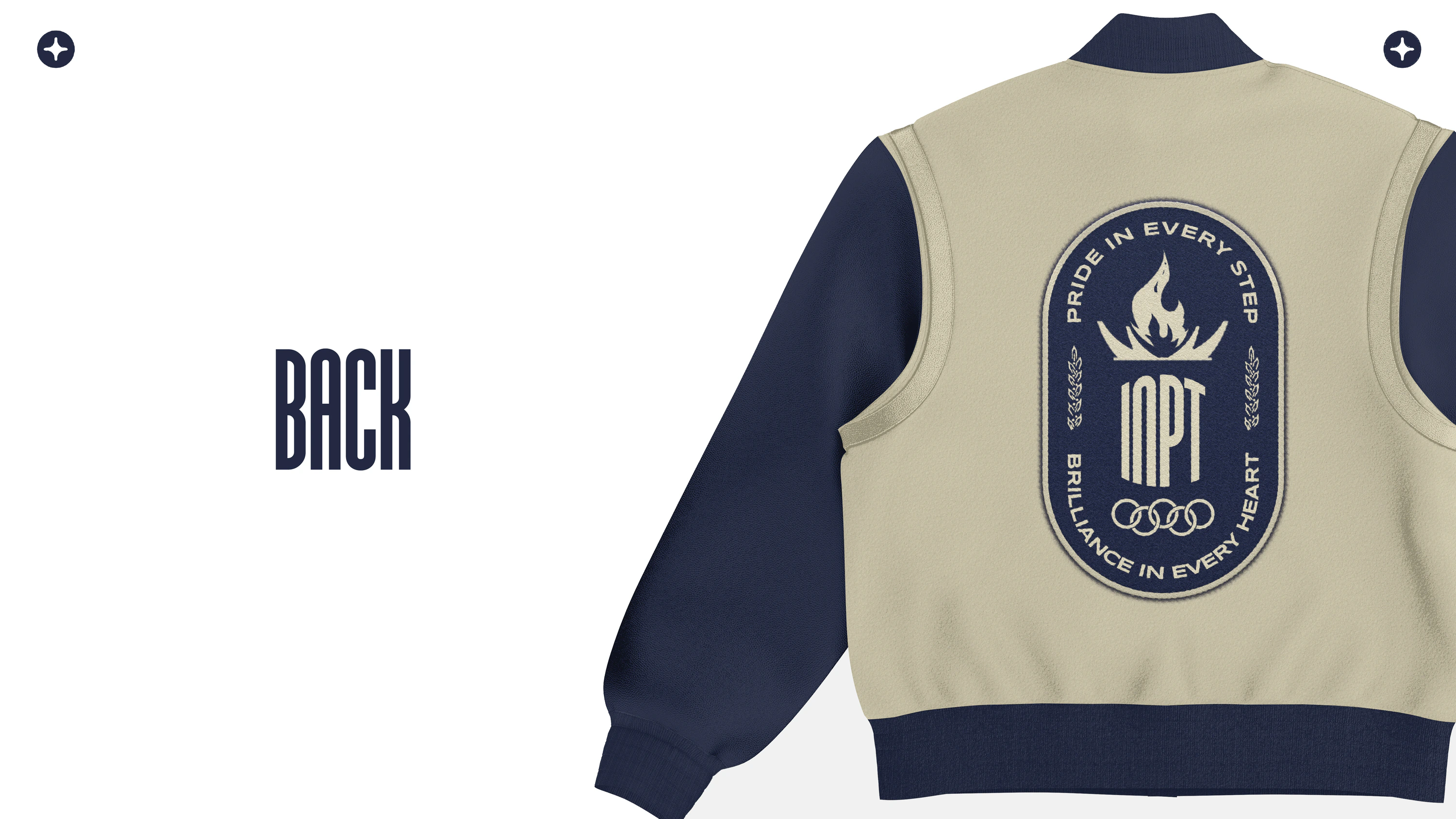 Back varsity jacket mockup with a large circular INPT crest on navy between cream sleeves.