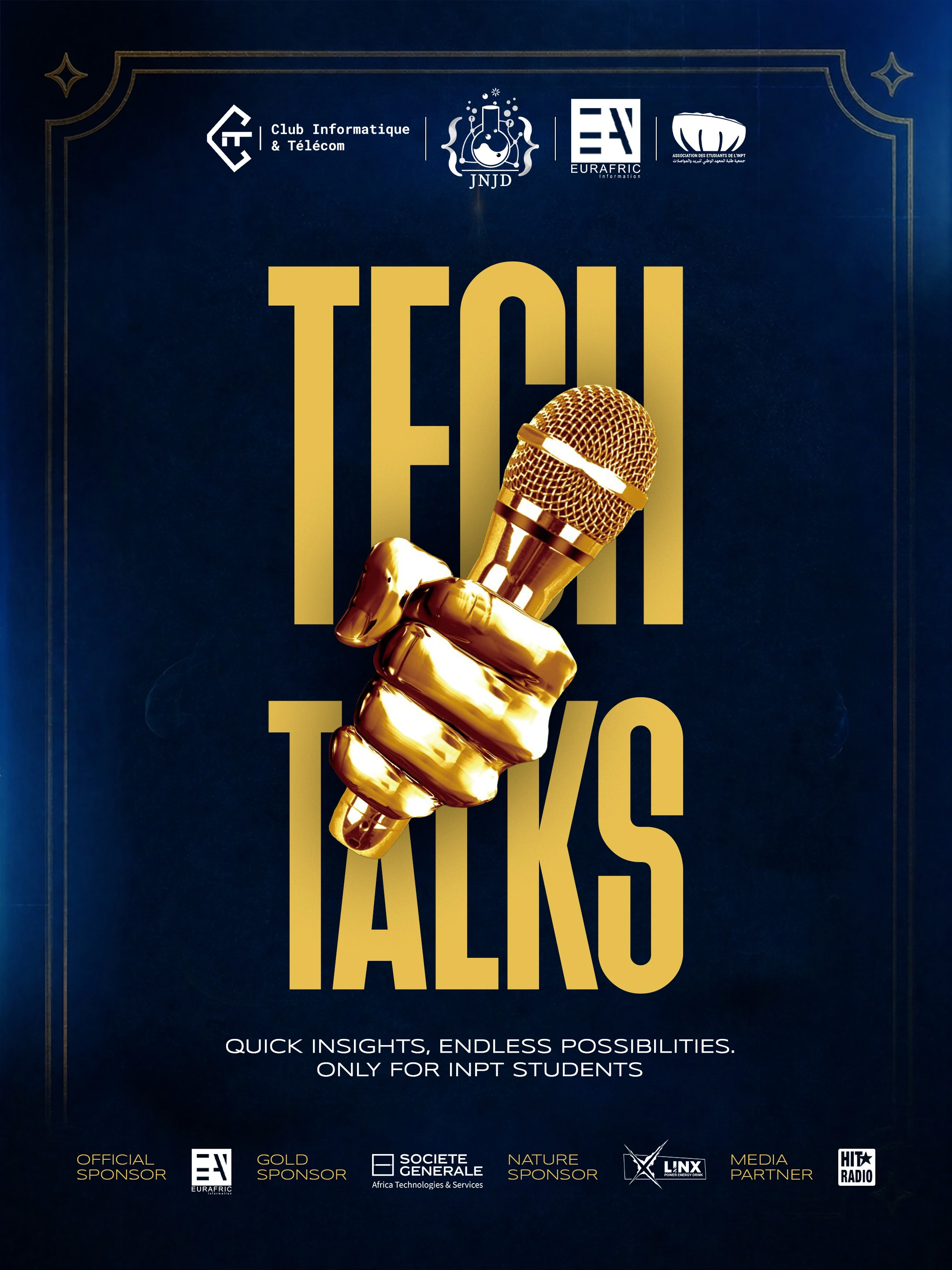 A gold microphone interrupts the tall Tech Talks headline inside a navy-and-gold anniversary frame.